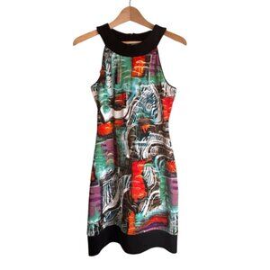 JOSEPH RIBKOFF Dress Ruffle Abstract Pattern Midi Stretch Canadian Made Size 8